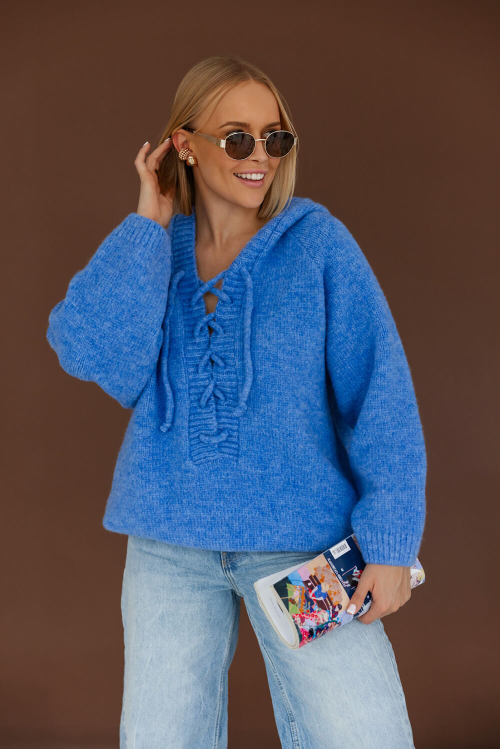 Oversize Strickpullover mit Kapuze Blau  | Langarm Woll Pullover S-XL