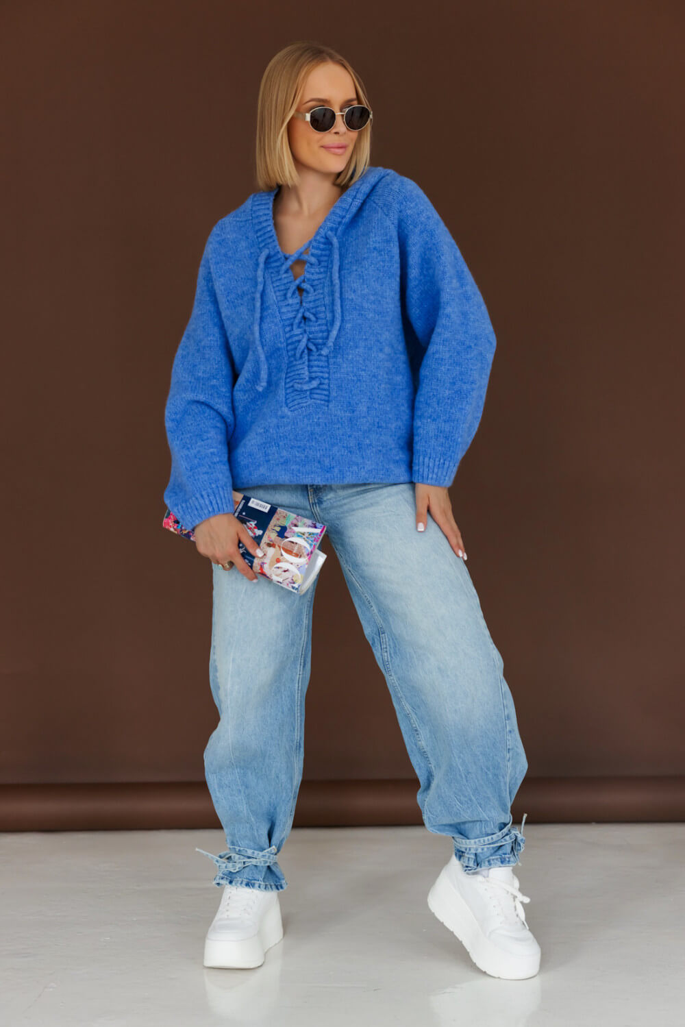 Oversize Strickpullover mit Kapuze Blau  | Langarm Woll Pullover S-XL