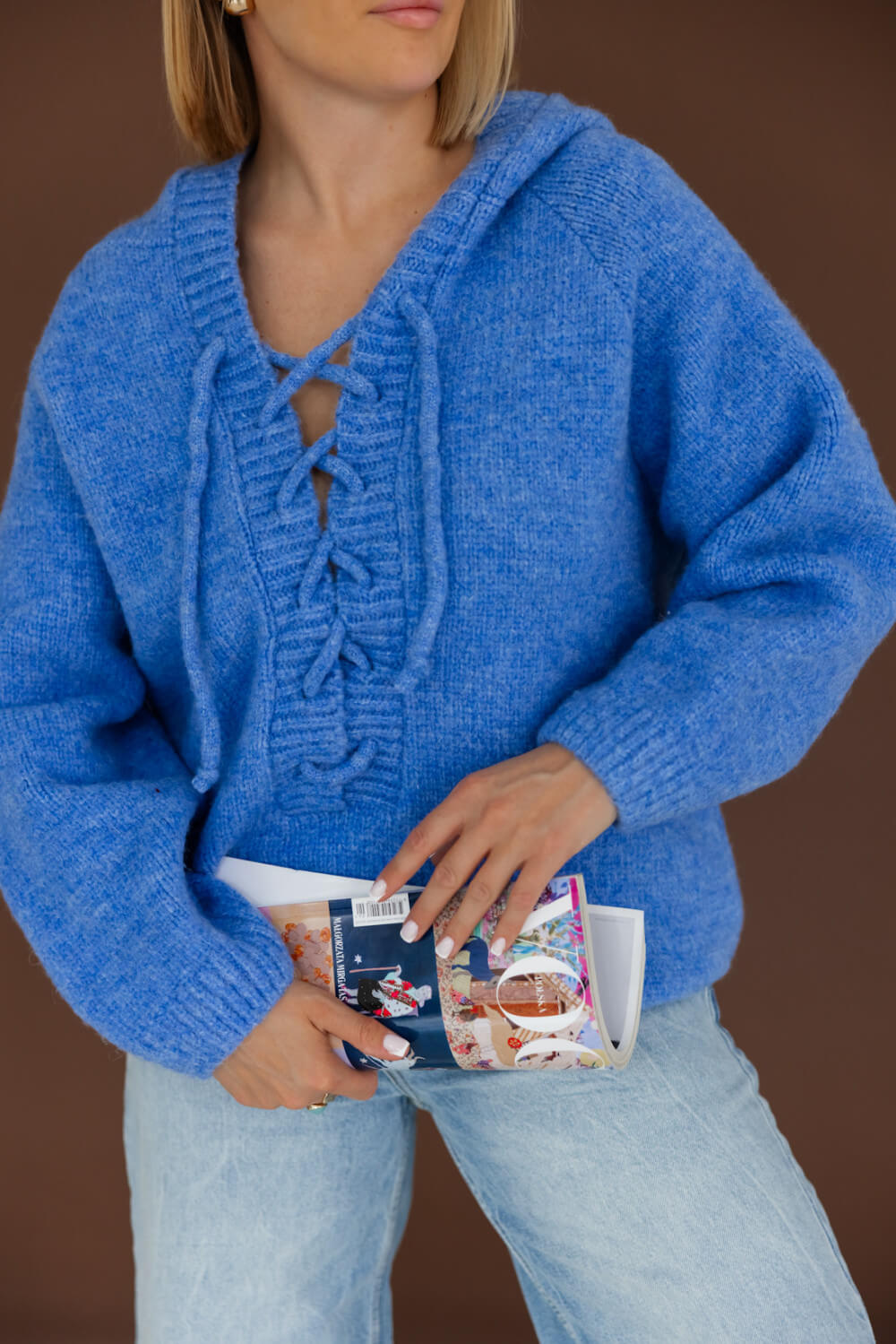 Oversize Strickpullover mit Kapuze Blau  | Langarm Woll Pullover S-XL
