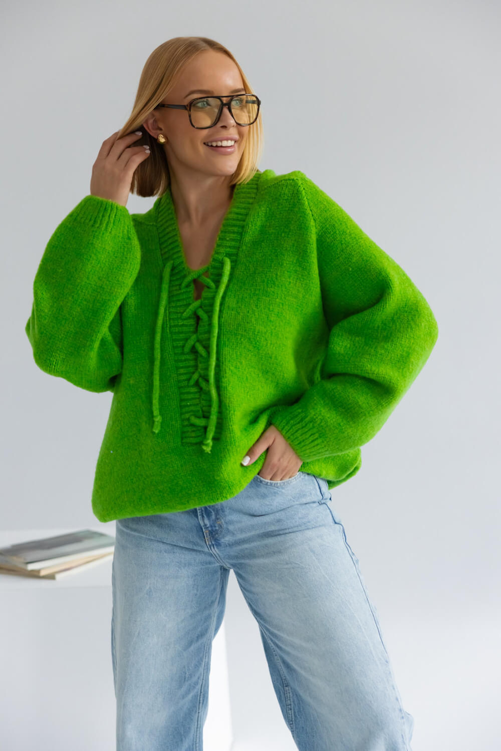 Oversize Strickpullover mit Kapuze Puder  | Langarm Woll Pullover S-XL