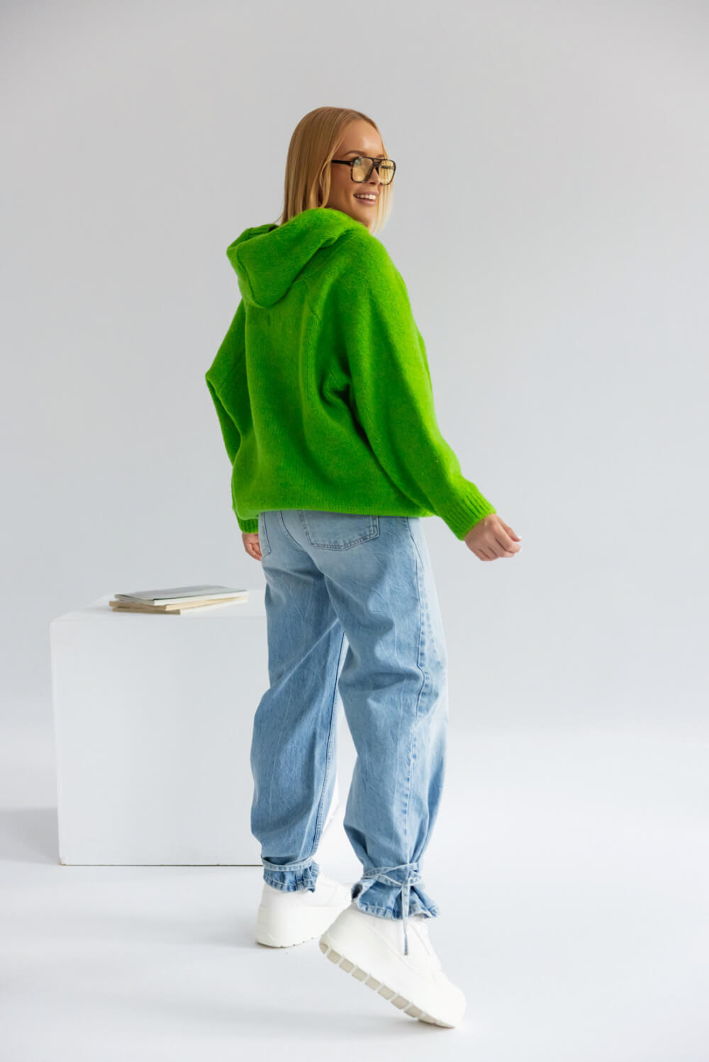 Oversize Strickpullover mit Kapuze Puder  | Langarm Woll Pullover S-XL