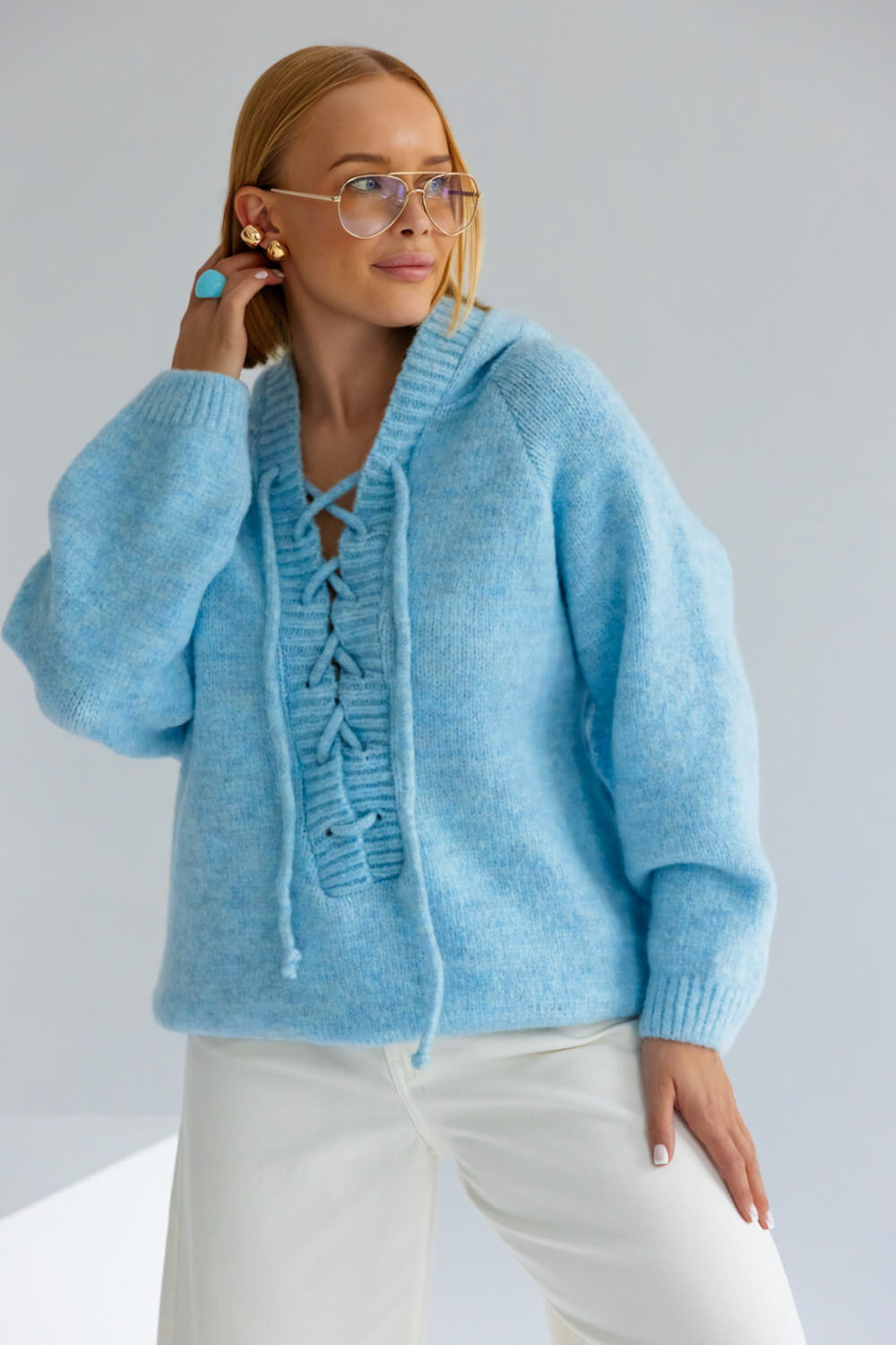 Oversize Strickpullover mit Kapuze Hellblau  | Langarm Woll Pullover S-XL