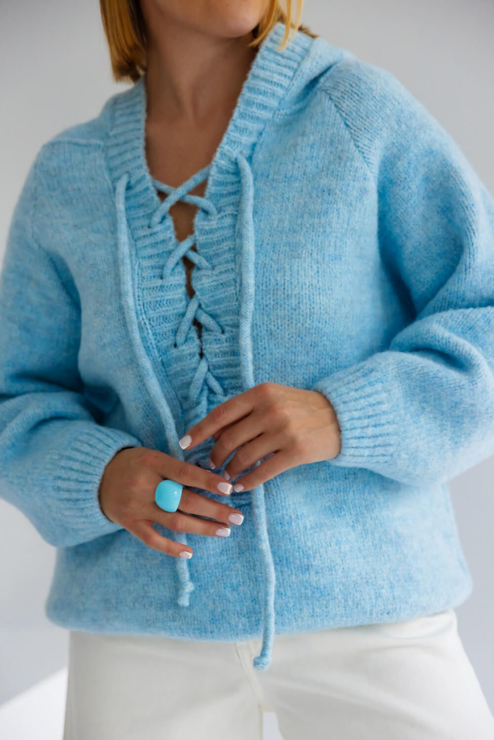 Oversize Strickpullover mit Kapuze Hellblau  | Langarm Woll Pullover S-XL