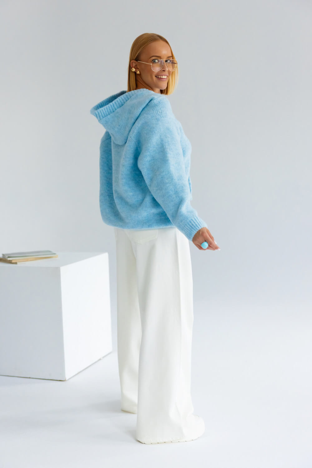 Oversize Strickpullover mit Kapuze Hellblau  | Langarm Woll Pullover S-XL