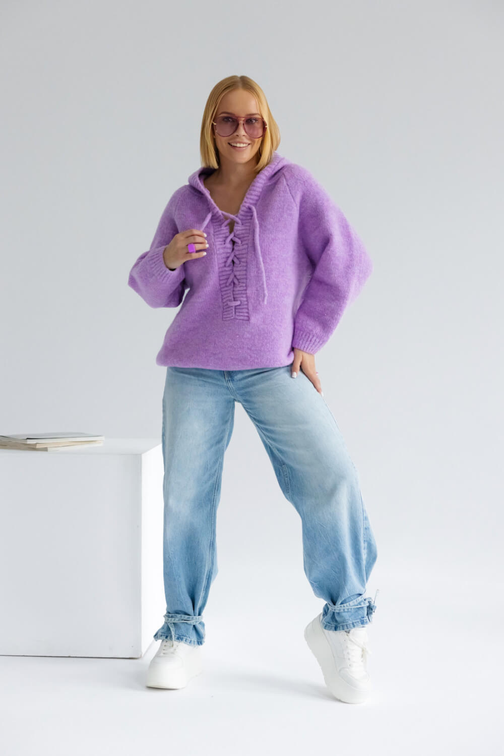 Oversize Strickpullover mit Kapuze Lila  | Langarm Woll Pullover S-XL