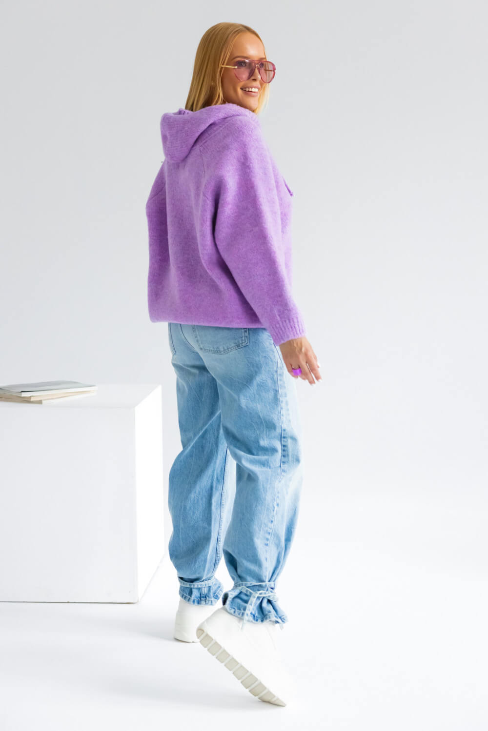 Oversize Strickpullover mit Kapuze Lila  | Langarm Woll Pullover S-XL