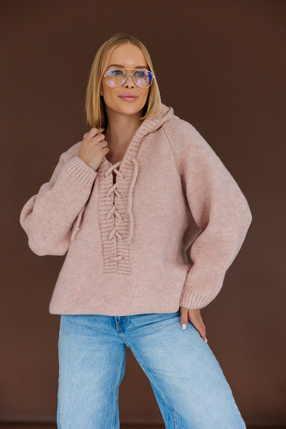 Oversize Strickpullover mit Kapuze Puder  | Langarm Woll Pullover S-XL