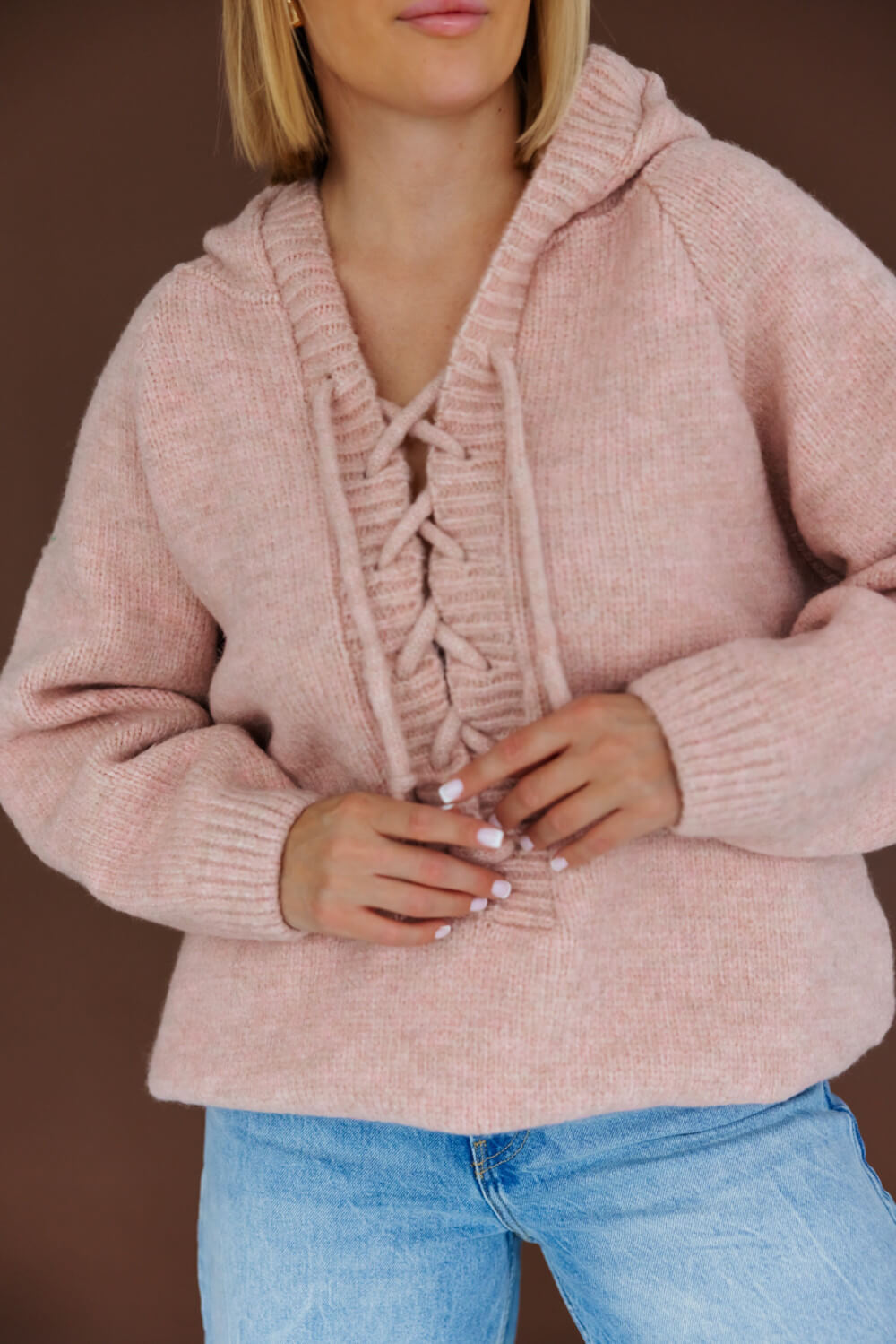 Oversize Strickpullover mit Kapuze Puder  | Langarm Woll Pullover S-XL