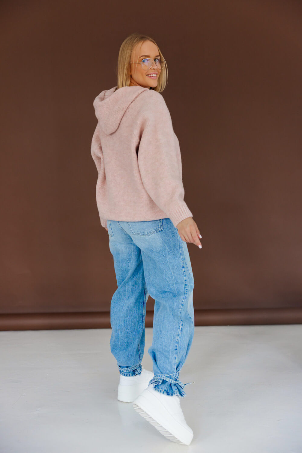 Oversize Strickpullover mit Kapuze Puder  | Langarm Woll Pullover S-XL