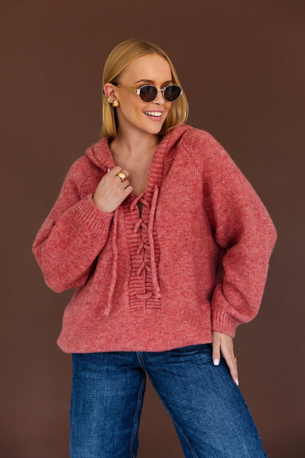 Oversize Strickpullover mit Kapuze Koralle  | Langarm Woll Pullover S-XL