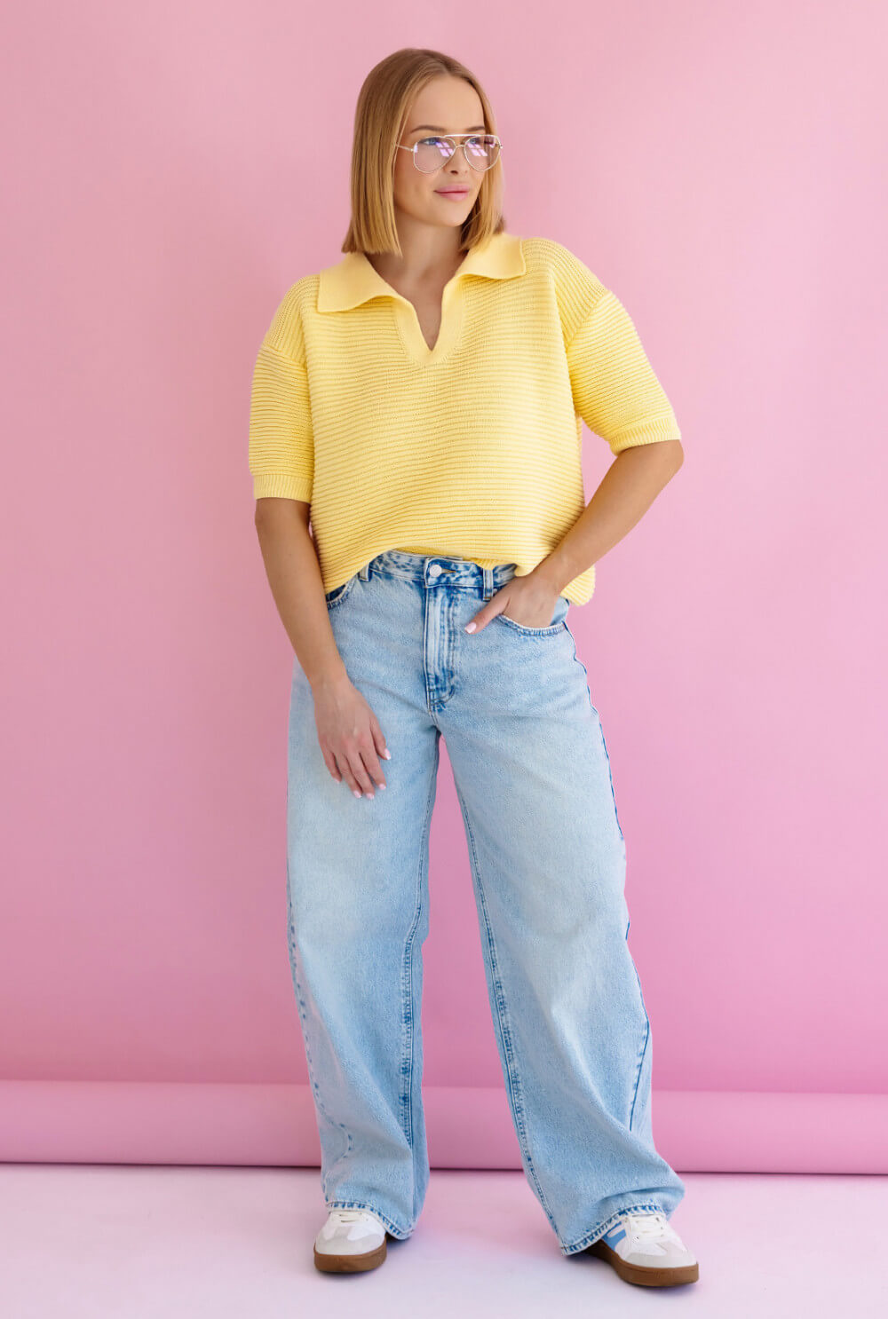Kurzarm Pullover für Damen in Gelb aus atmungsaktivem Baumwollgemisch