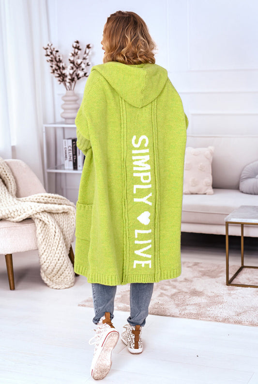 Limettengrüner Oversize Strickmantel mit „Simply Live“ Rückenprint und Kapuze