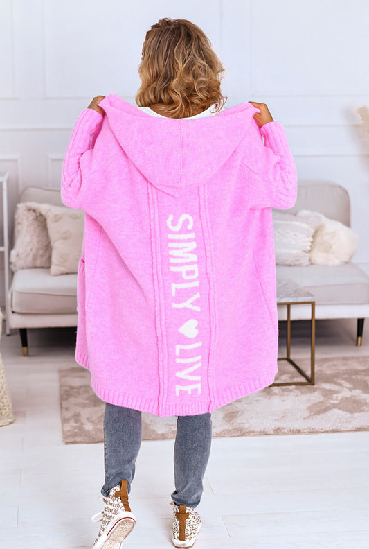 Pinker Oversize Strickmantel mit großem „Simply Live“ Rückenprint
