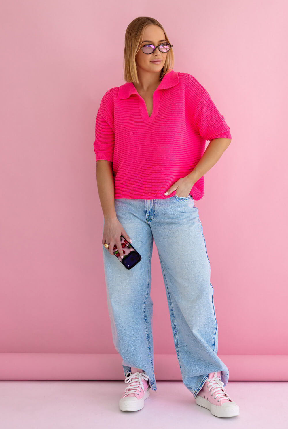 Stilvoller Damen Polo Strickpullover Pink für moderne Casual Sommerlooks