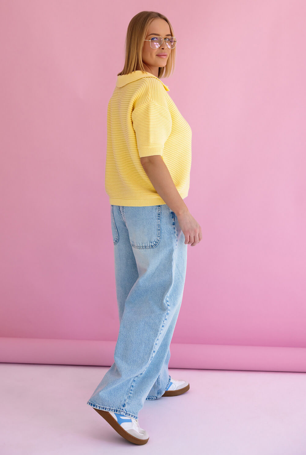 Leichter Kurzarm Polo Pullover für Damen in Gelb mit hochwertigem Baumwollmix