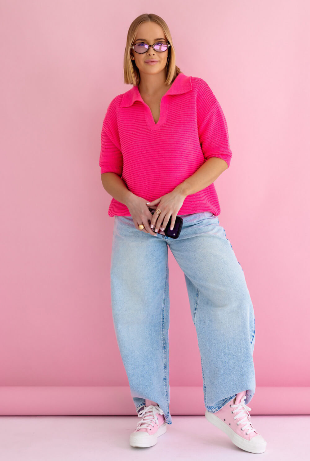 Stilvoller Damen Polo Strickpullover Pink für moderne Casual Sommerlooks
