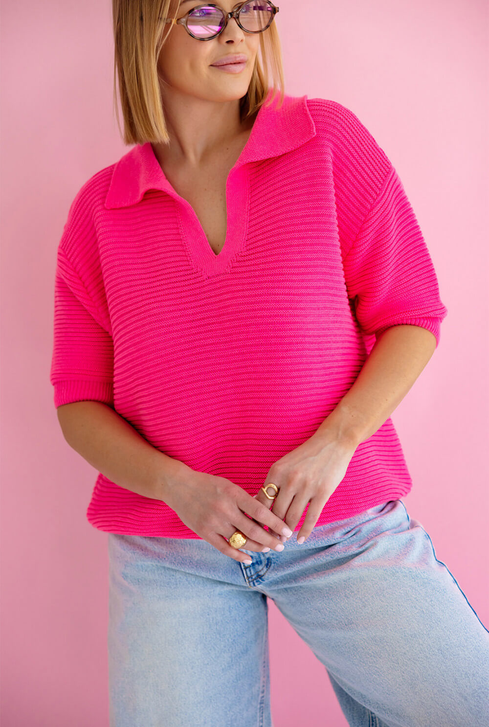 Moderner Damen Strickpullover in Pink mit sportlich-elegantem Polokragen