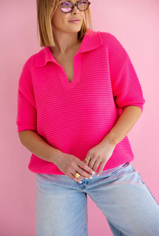 Moderner Damen Strickpullover in Pink mit sportlich-elegantem Polokragen