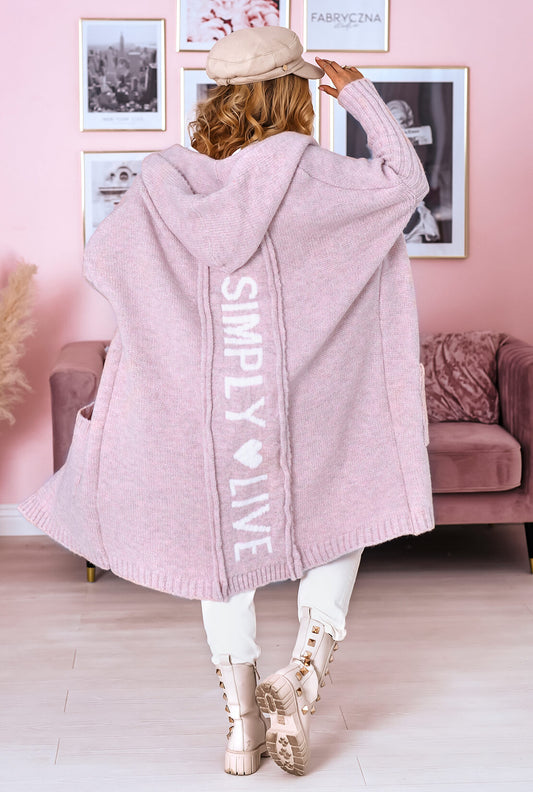 Puderfarbener Oversize Strickmantel mit „Simply Live“ Rückenprint