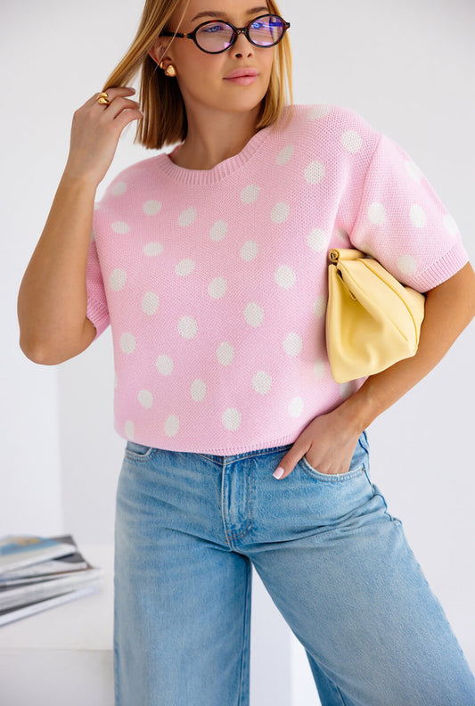 Kurzarm Polka Dots Strickpullover in Puderfarbe mit weißen Punkten, perfekt für einen lässigen Look.