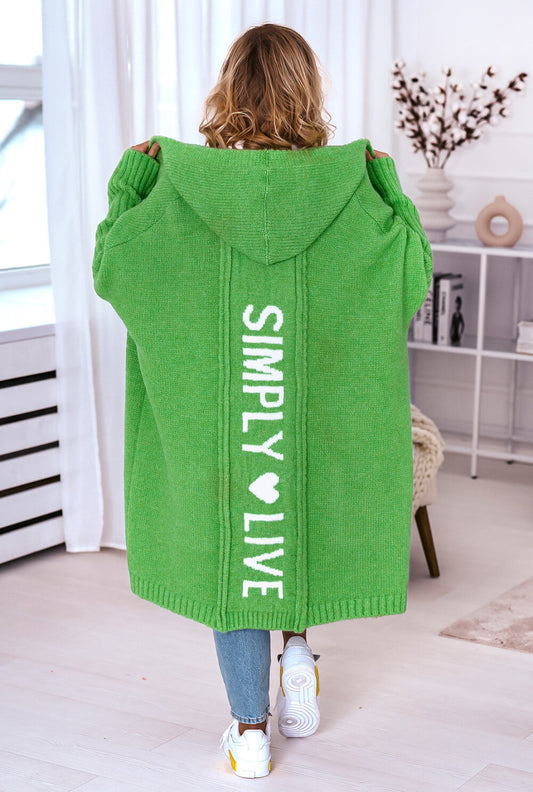Grüner Oversize Grobstrick Strickmantel mit Kapuze und Rückenprint „Simply Live“ Statement