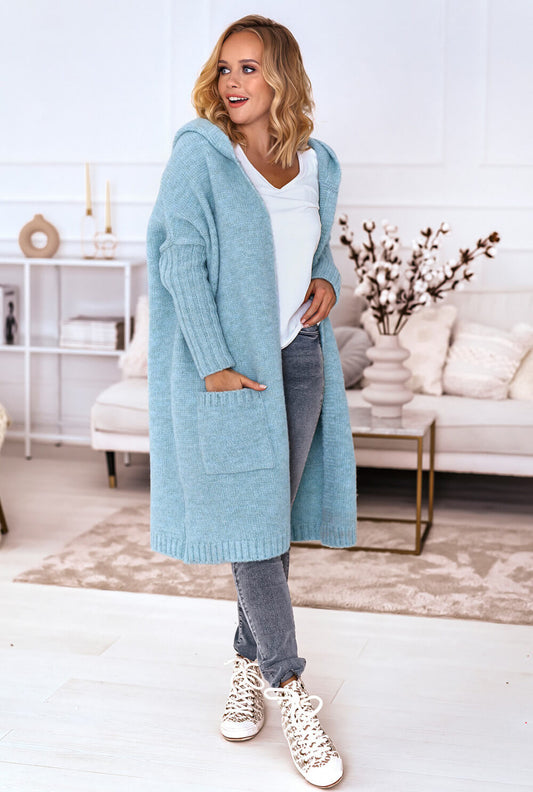 Langer Cozy Cardigan in Türkis mit Taschen und weiter Oversize Passform