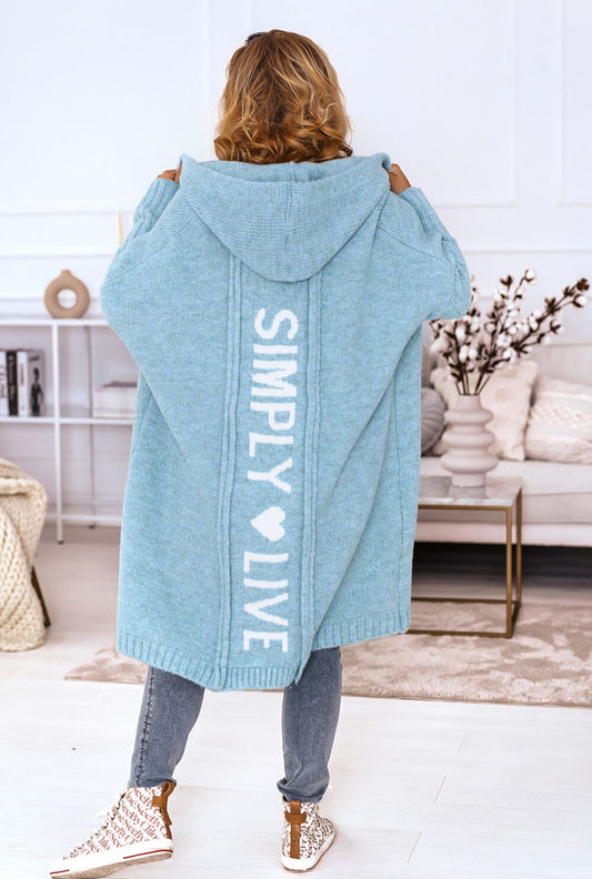 Türkiser Oversize Grobstrick Strickmantel mit Kapuze und „Simply Live“ Rückenprint
