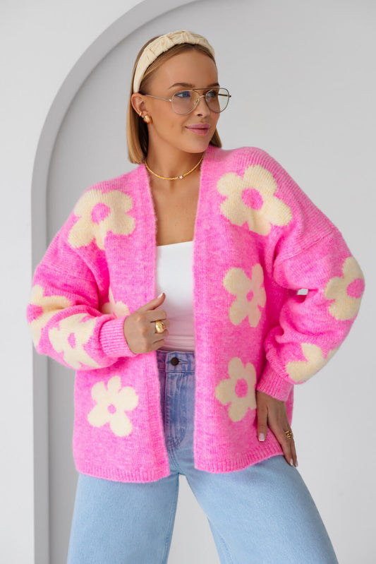 Rosa Oversize-Strickjacke mit weißem Blumenmuster für Damen im femininen Floral-Look
