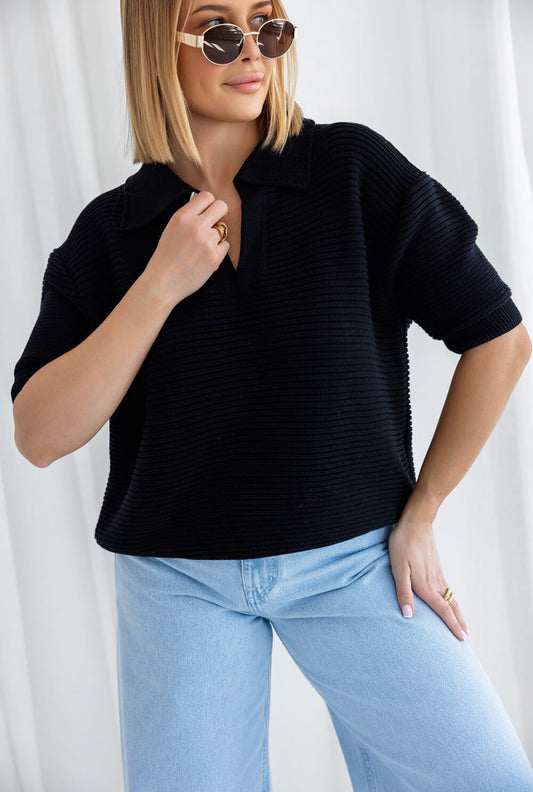 Minimalistischer Kurzarm Strick Polo in Schwarz für stilvolle Outfits