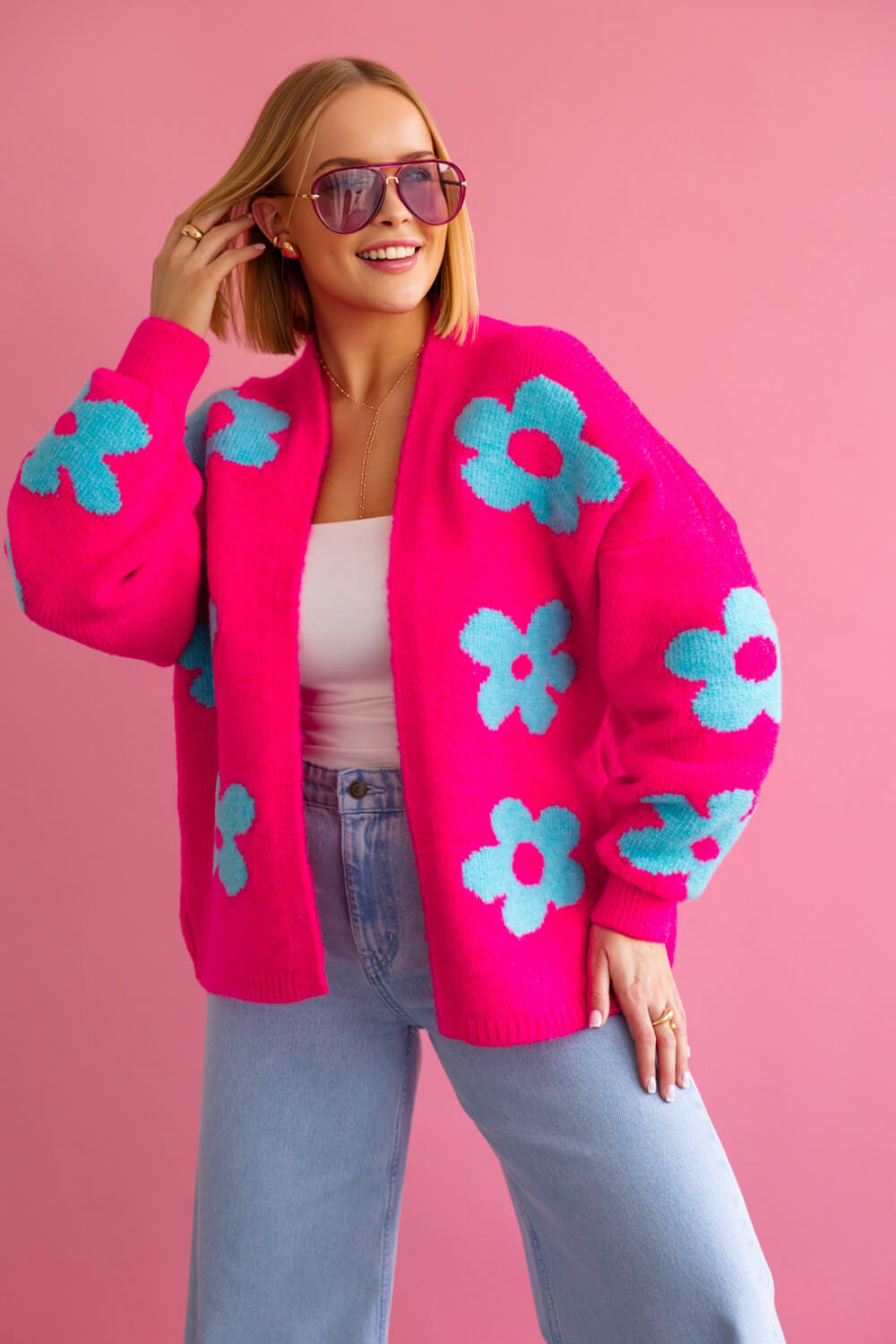Damen Cardigan pink blau florales Design im Streetstyle Look
