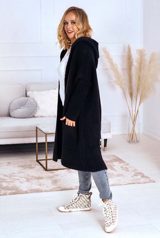Langer schwarzer Cozy Cardigan mit Taschen und Simply Live Statement