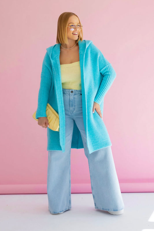 Damen Strickmantel in Türkis mit moderner Oversize-Silhouette