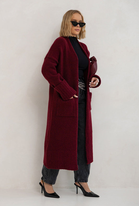 Oversized Strickmantel bordeauxrot - Langer Damen Cardigan Taschen S-XL