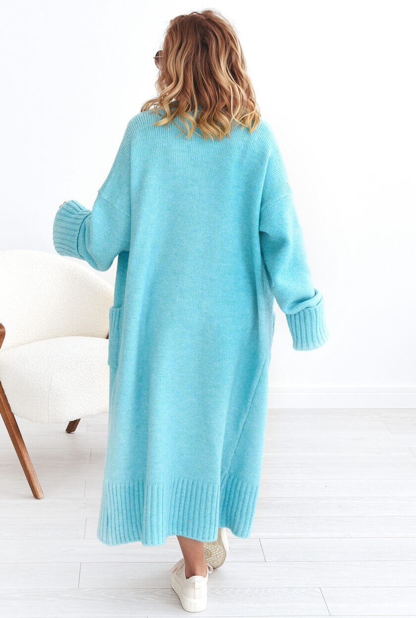 Langer Oversize Strickmantel Damen Aqua mit langen Ärmeln – Rückenansicht