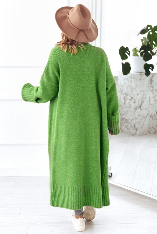 Langer Oversize Strickmantel Damen Grün mit langen Ärmeln – Rückenansicht