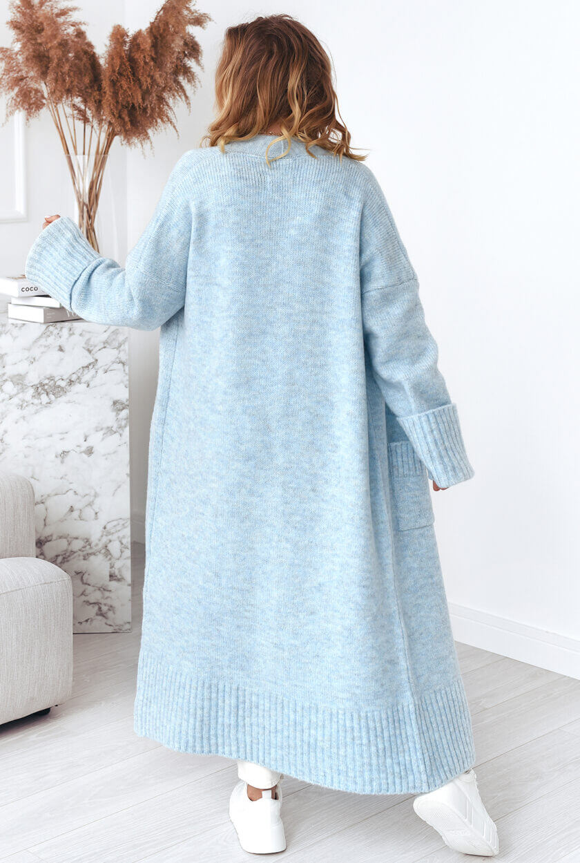 Langer Oversize Strickmantel Damen Hellblau mit langen Ärmeln – Rückenansicht