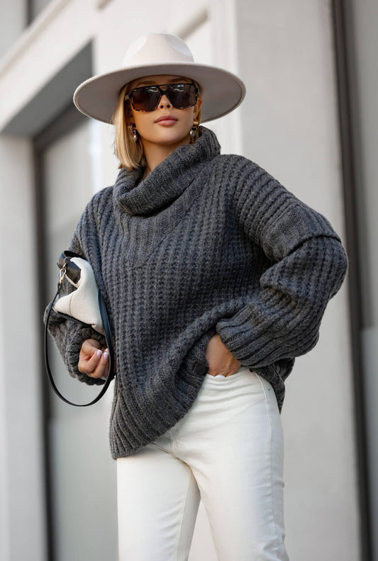 Oversize Strickpullover Dunkelgrau mit Rollkragen | Langarm Woll Pullover S-XL