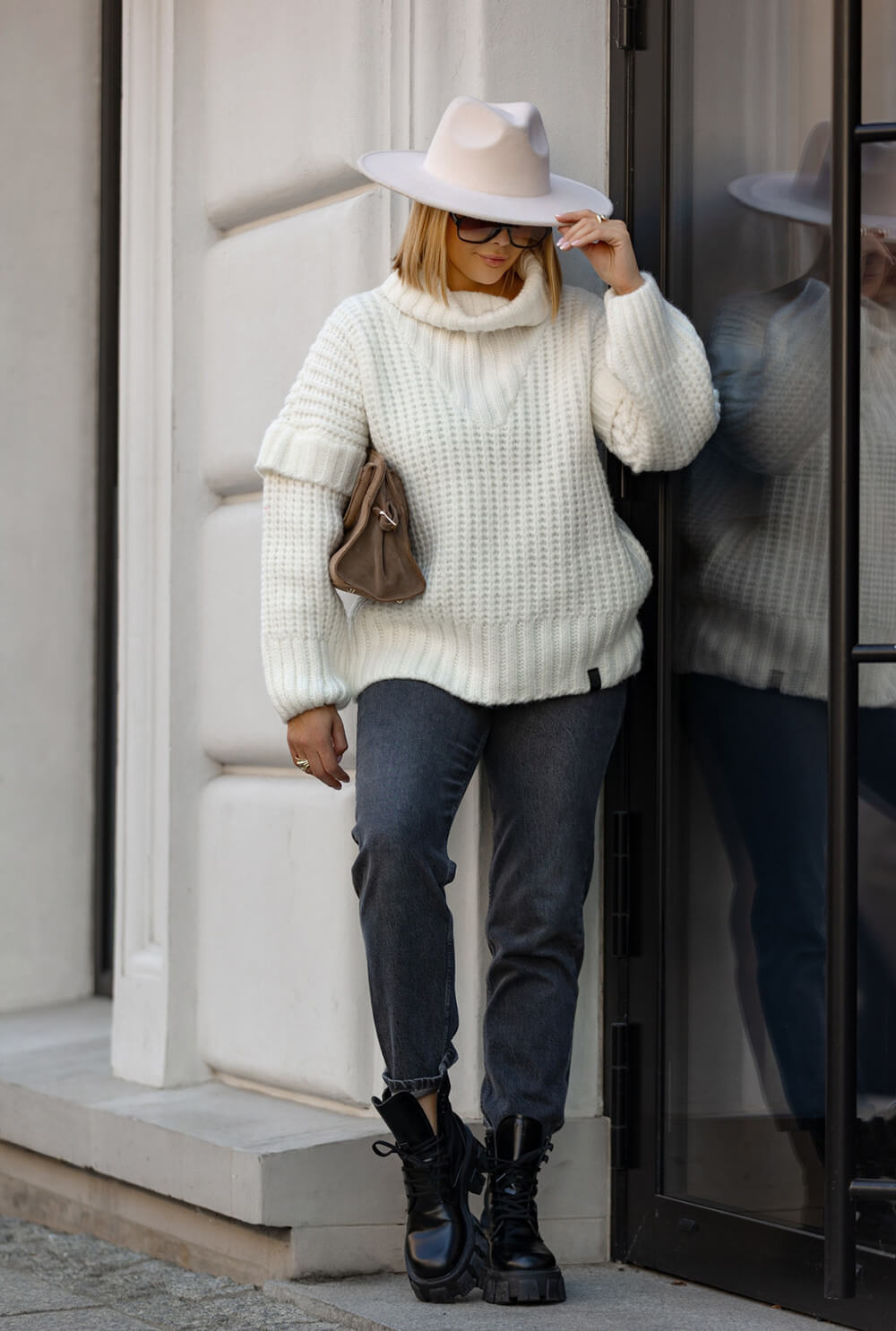 Oversize Strickpullover Wollweiß mit Rollkragen | Langarm Woll Pullover S-XL