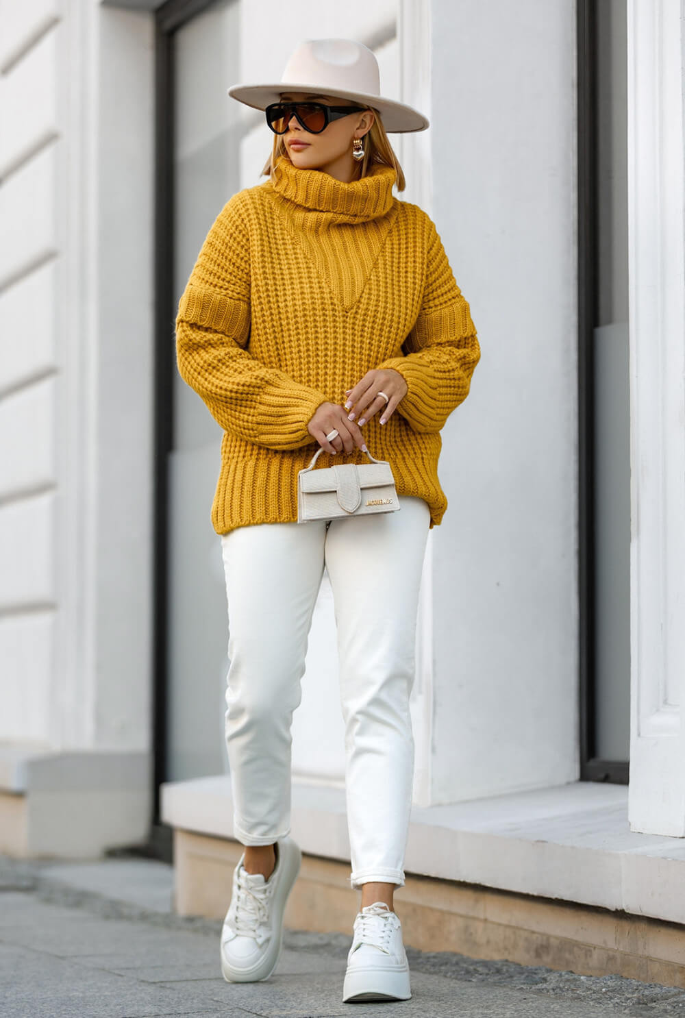 Oversize Strickpullover Senf mit Rollkragen | Langarm Woll Pullover S-XL