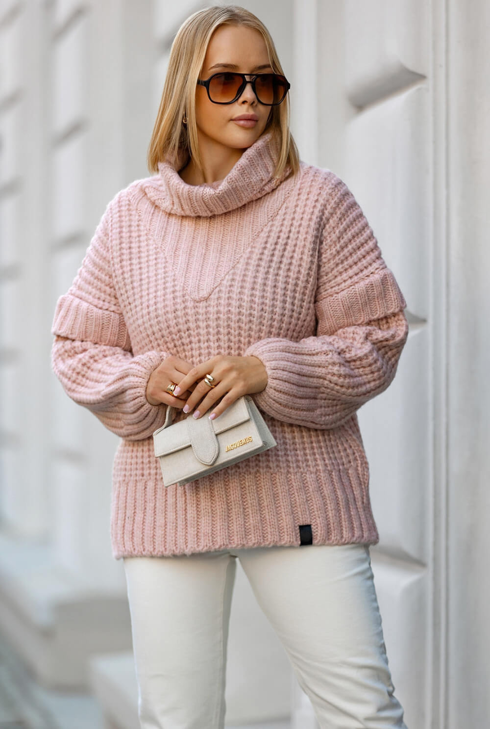 Oversize Strickpullover Puderfarbe mit Rollkragen | Langarm Woll Pullover S-XL