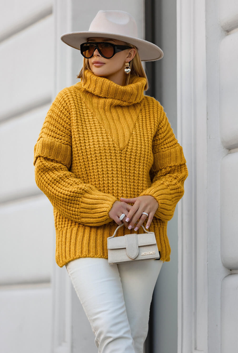 Oversize Strickpullover Senf mit Rollkragen | Langarm Woll Pullover S-XL