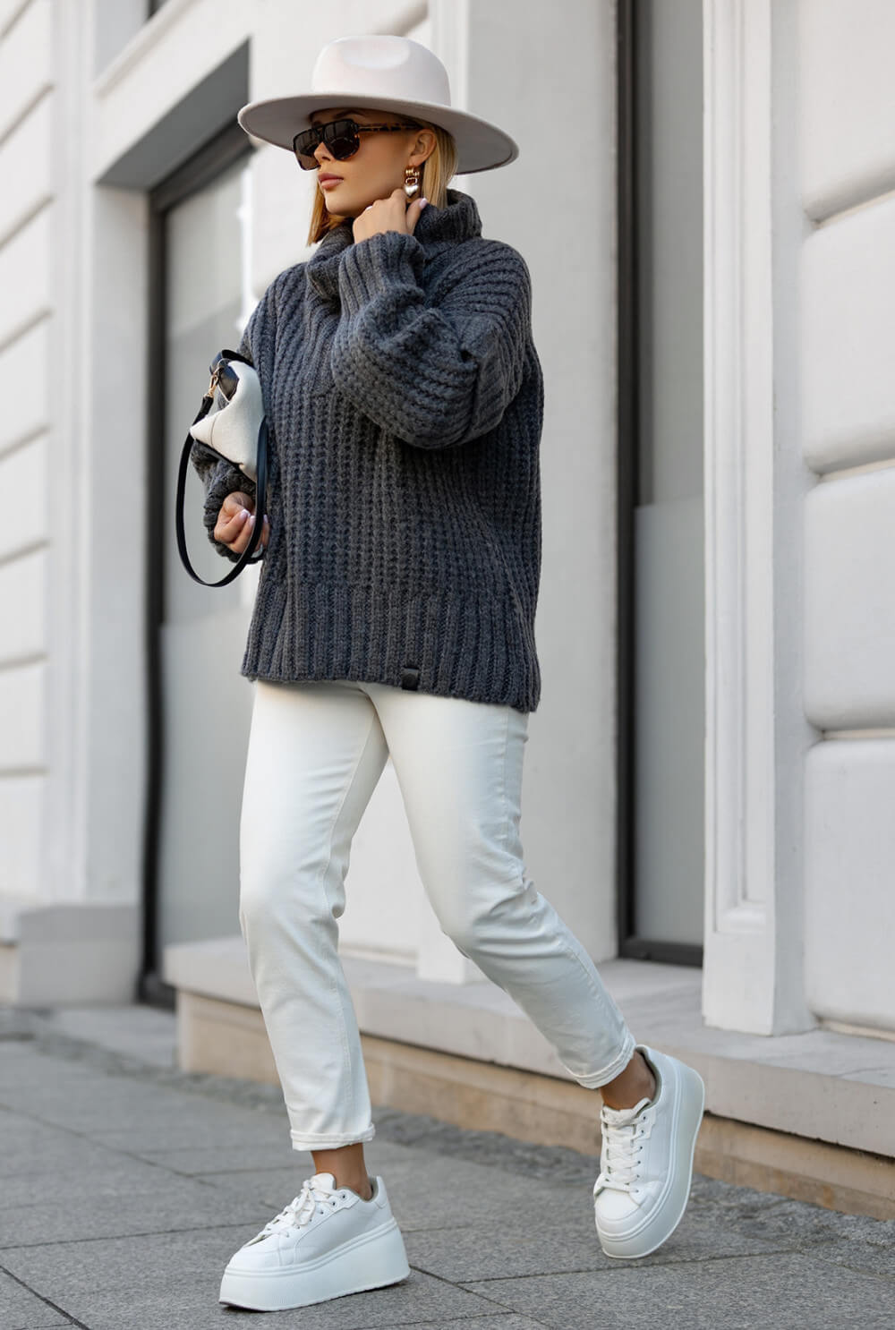 Oversize Strickpullover Dunkelgrau mit Rollkragen | Langarm Woll Pullover S-XL