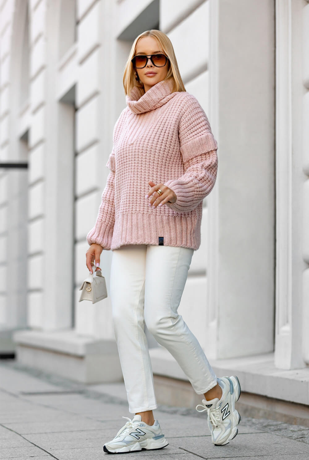 Oversize Strickpullover Puderfarbe mit Rollkragen | Langarm Woll Pullover S-XL
