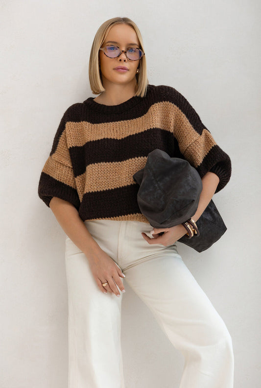 Oversize Strickpullover Damen Braun/Beige mit Streifen | Kurzarm Woll Pullover S-XL