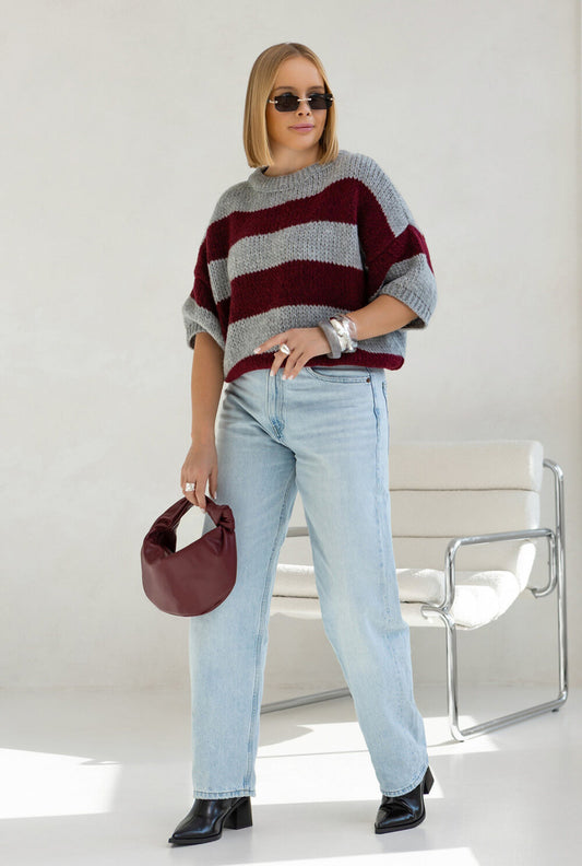 Oversize Strickpullover Damen Grau/Bordeauxrot mit Streifen | Kurzarm Woll Pullover S-XL